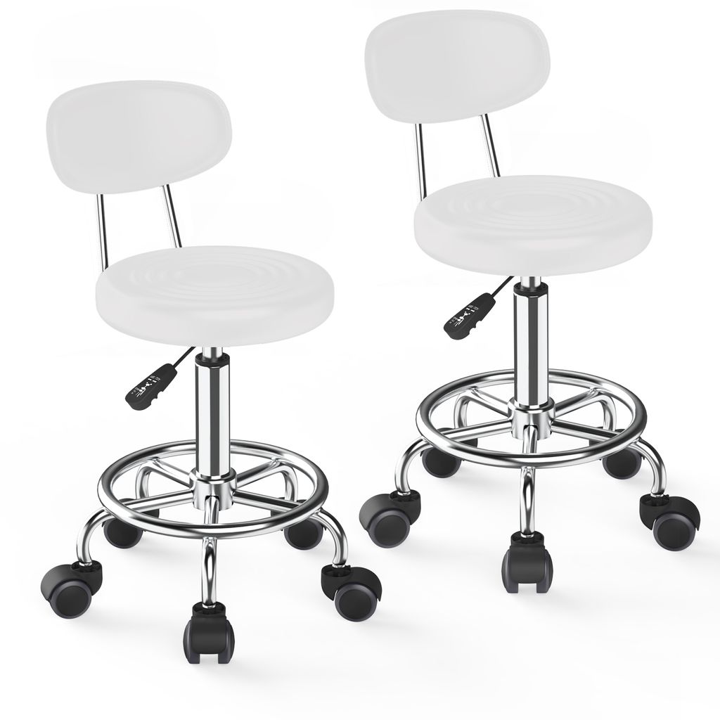 2er set Drehhocker Friseurhocker mit Rückenlehne, Rollhocker, 360° drehbar, höhenverstellbar weiß