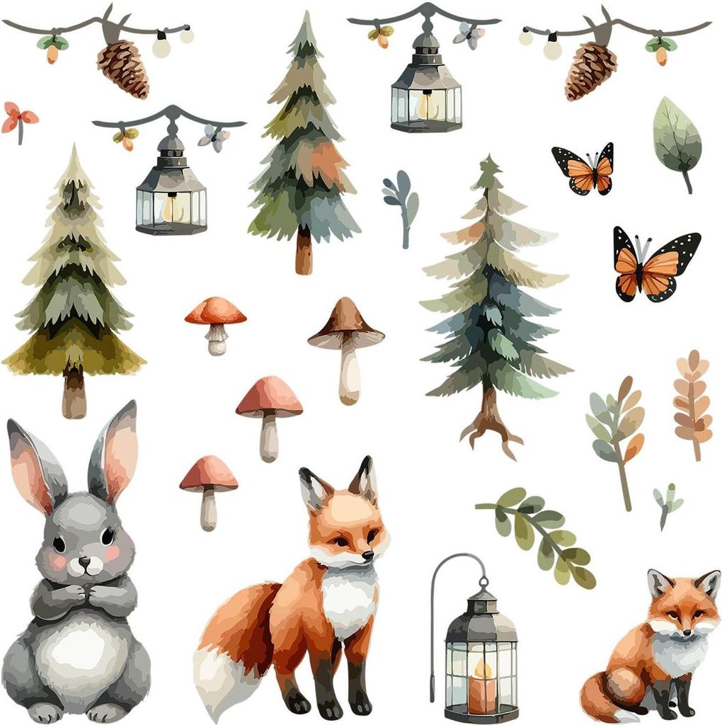 Waldtiere Pflanzen– Wanddekor Kinderzimmer – Selbstklebende Wandsticker – Motivtapeten Set – Wandgestaltung – Wandbilder Kinder – 100x1...