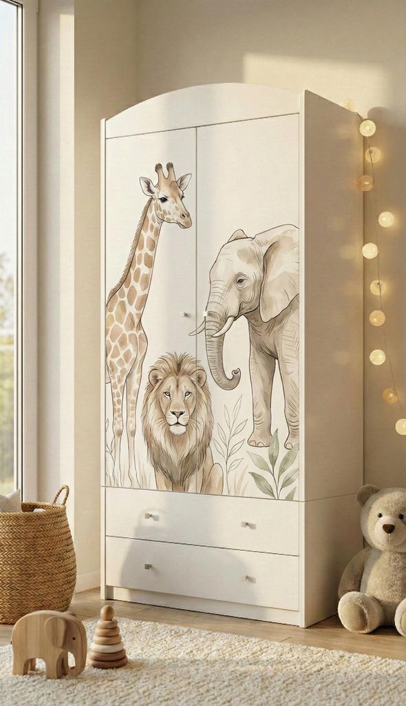 Kinderschrank groß Weiß mit Schubladen und Kleiderstange 88x187 cm Kinder Kleiderschrank 2-türig modern, bunte Aufkleber