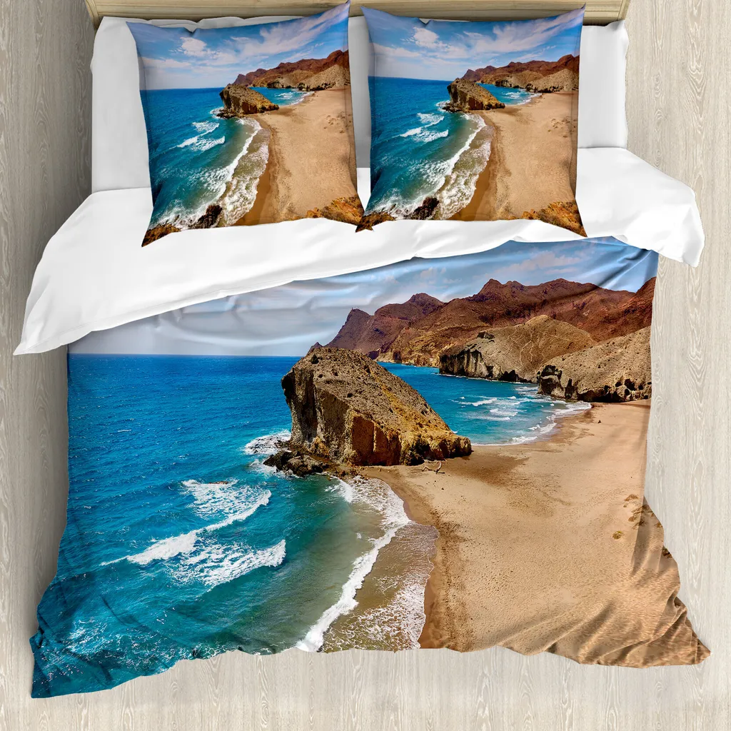 ABAKUHAUS Copripiumino paesaggio, estate-spiaggia-Spagna, antiacaro, adatto a chi soffre di allergie, con federe, 155 cm x 220 cm - 80 x 80 cm, blu, marrone,