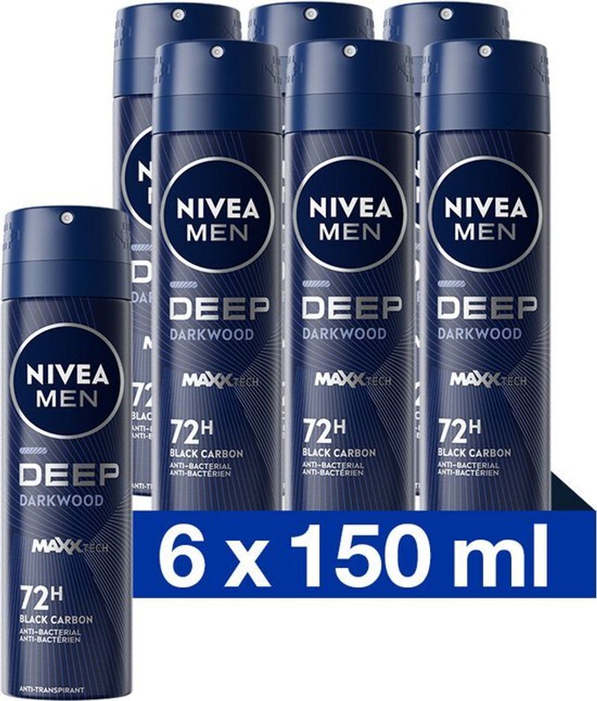 NIVEA NIVEA MEN Deep Deodorant Spray - Dunkler Holzduft - Mit schwarzer Kohle - Schützt 72 Stunden - Antibakteriell und alkoholfrei - 6 x 150ml - ...
