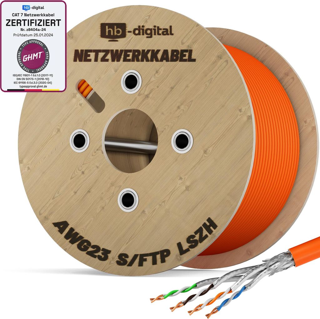 hb-digital CAT 7 Verlegekabel 250m Ethernet Datenkabel Installationskabel max. 1000 MHz S/FTP AWG23 LSZH orange