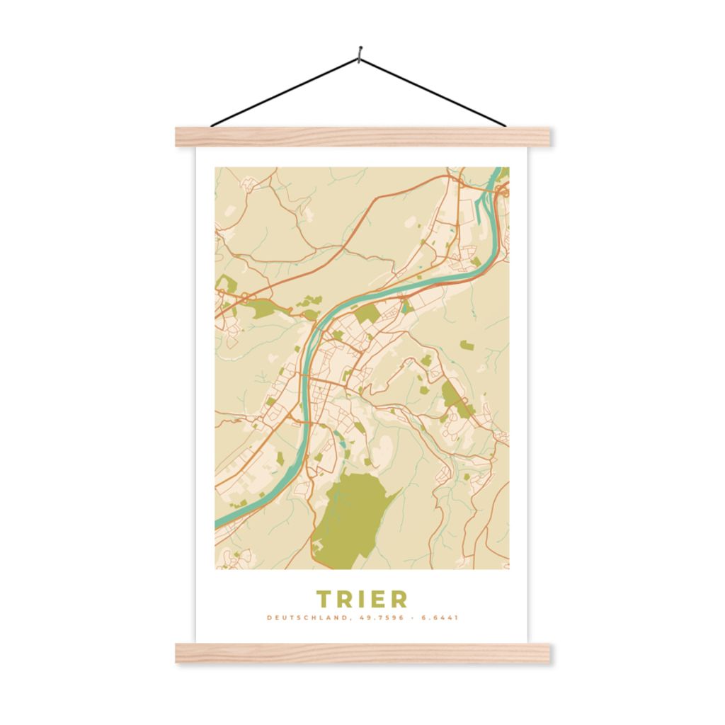 MuchoWow Textilposter Trier - Karte - Stadtplan - Vintage 120x180 cm mit holzfarbenen Rahmen - Textil-Plakat