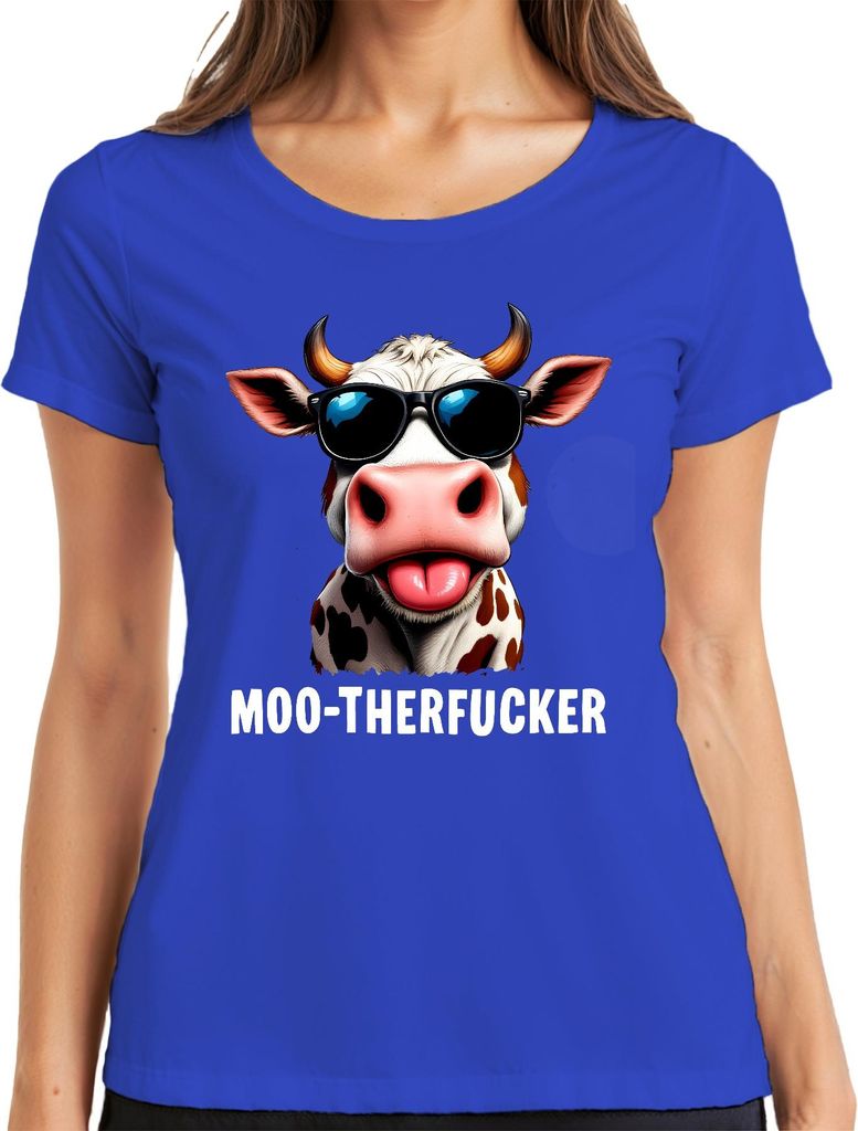 MOO-THERFUCKER Lustige Kuh Bauernhof Sonnenbrille Frech Humor Damen T-Shirt, Blau, 3XL