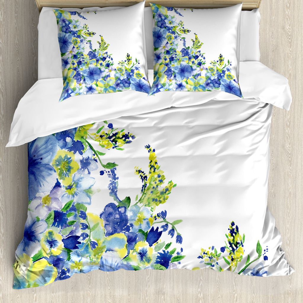 ABAKUHAUS Aquarell-Blumen Bettbezug, Brauen Blätter, Milbensicher Allergiker geeignet mit Kissenbezügen, 155 cm x 220 cm - 80 x 80 cm, Blau Gelb