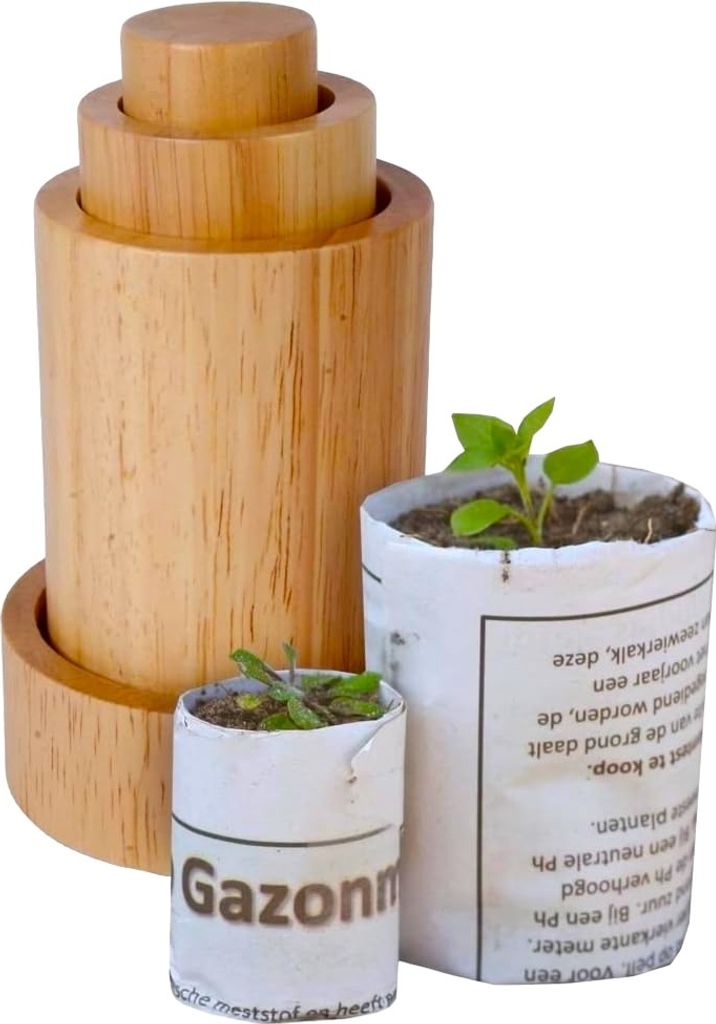 A wooden tool and two small plant pots with seedlings are displayed against a white background.
