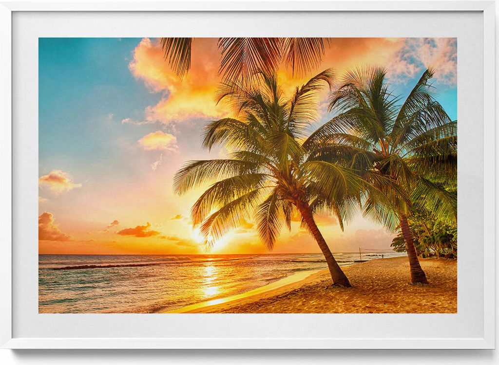 Palme am Strand bei Sonnenuntergang– Wandbild mit Rahmen – Gerahmtes Bild – Wanddekoration – 100x70 cm – Weiß Rahmen