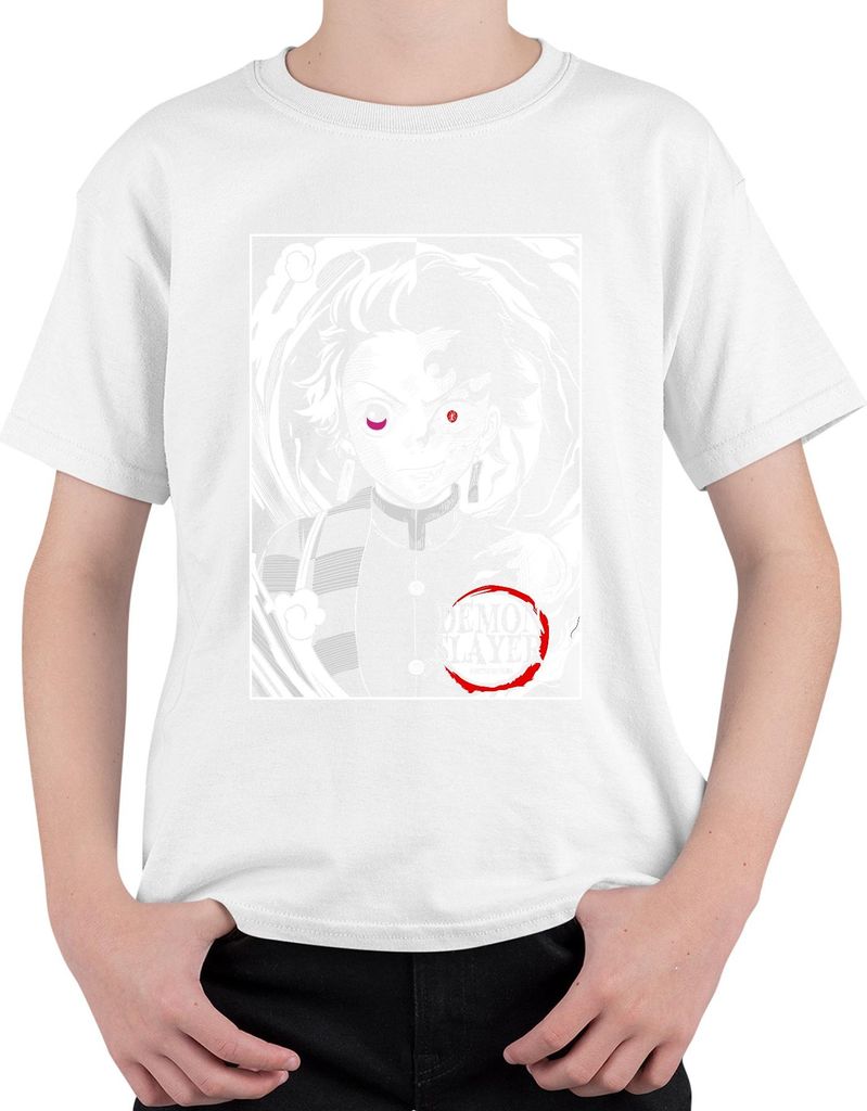 Demon Slayer Tanjiro halbverbrannt Kimetsu no Yaiba Anime Uni Kinder T-Shirt, Weiß, 116