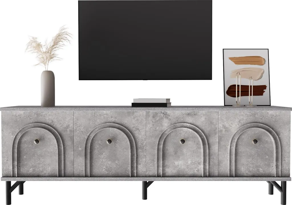 Meuble TV 160 cm Gris avec Système Soft-Close et 4 Portes Spacieuses