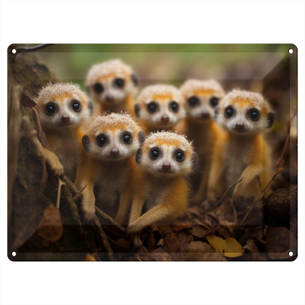 Wallario Blechschild Wandbild in : Brillante Farben, Größe 30 x 40 cm Motiv Neugierige Erdmännchen