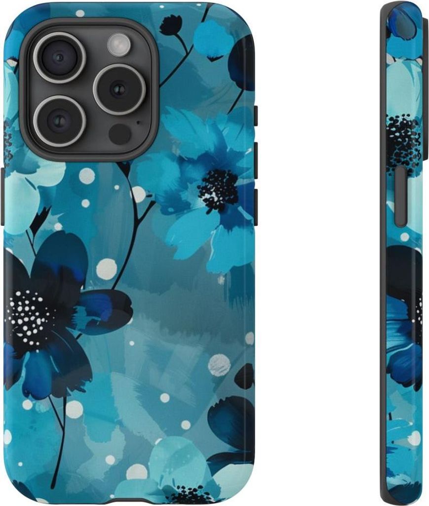 Blaues Blumenmuster mit Punkten – Hülle Kompatibel mit iPhone 15 Pro