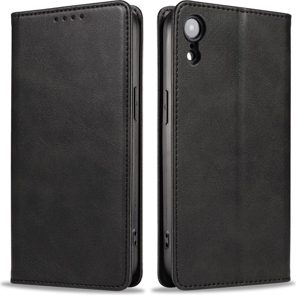 A black leather flip phone case shown from two angles.
