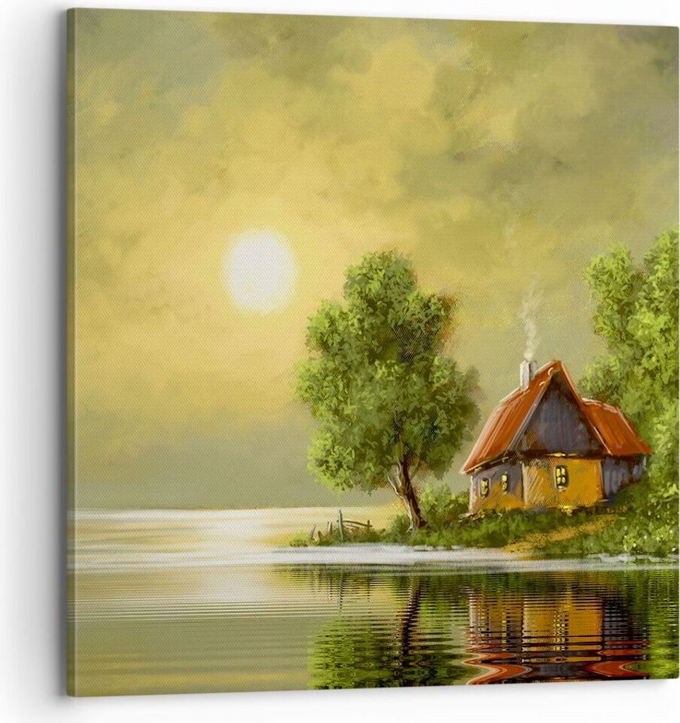 Bild auf Leinwand - Leinwandbild - Boot Wasser Hütte - 70x70cm - Wand Bild - Wanddeko - Wandbilder - Leinwanddruck - Bilder - Kunstdruck - Wanddek...