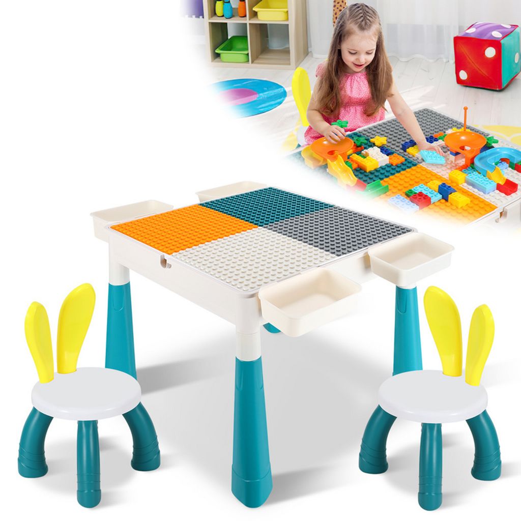 Clanmacy Kindersitzgruppe Mit 2 Stühle ,251 Stück Bausteine Kindertisch Kindermöbel set Kleinkind Spieltisch Mehrzweck Tabelle Zum