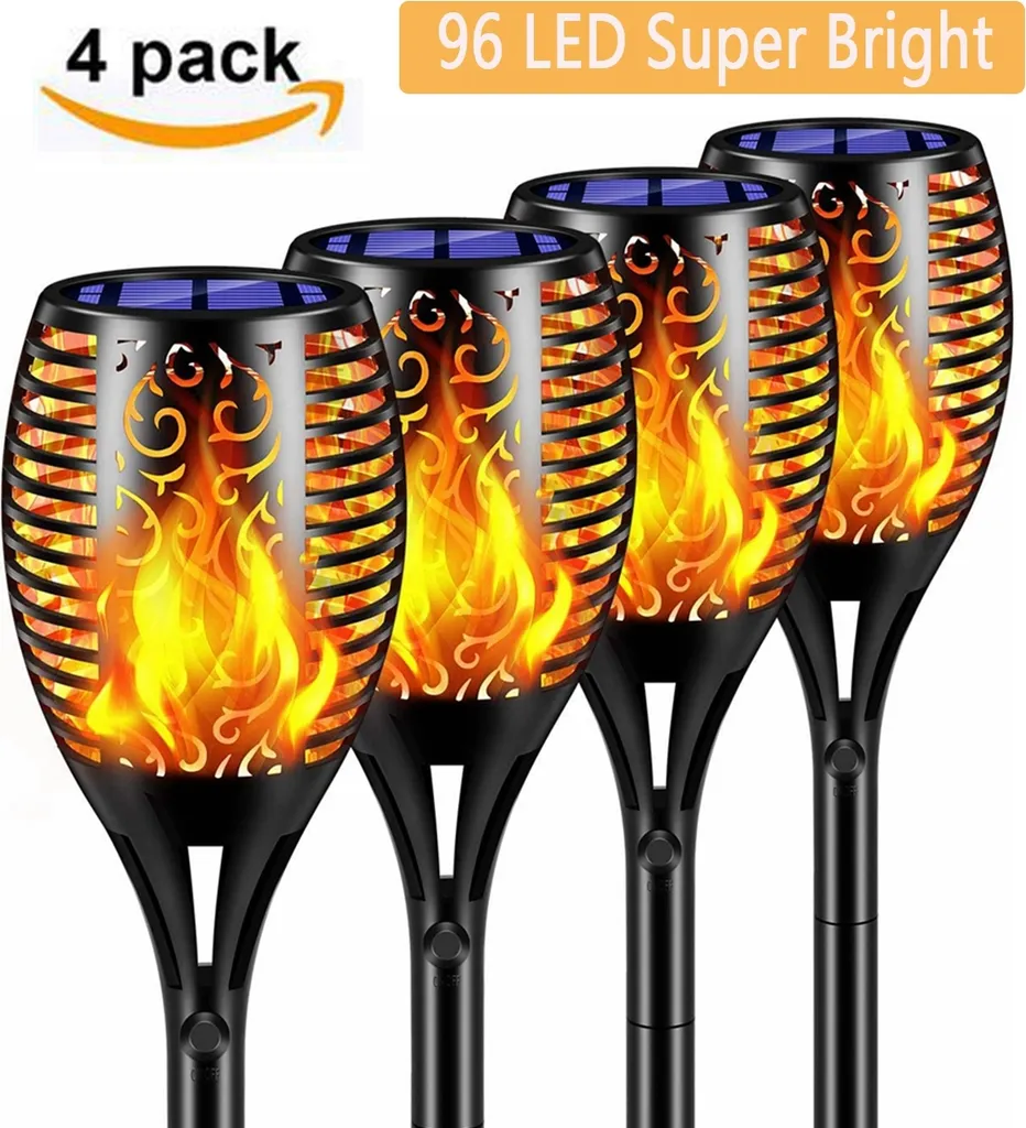 Lampe Solaire de Jardin IP65 Étanche avec 96 LED Flammes Scintillantes x4