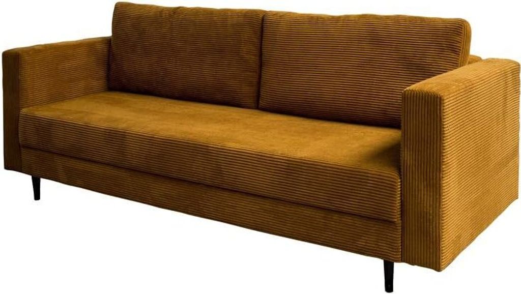 Ares Meble Cord Sofa mit Schlaffunktion SANTINO - Wohnzimmer Couch, 2er Sofa Bett, Rückenkissen Sofa mit Bettkasten - 232x98 cm - Senffarbe