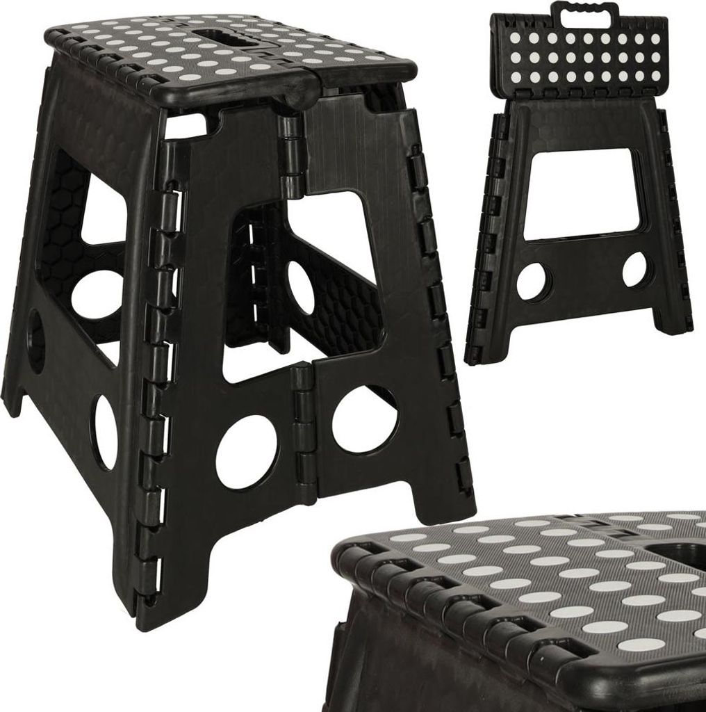 A black folding stool with white polka dots is shown from multiple angles against a white background.