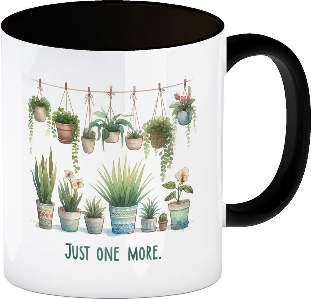Pflanzen machen glücklich Kaffeebecher in schwarz mit Spruch Just one more