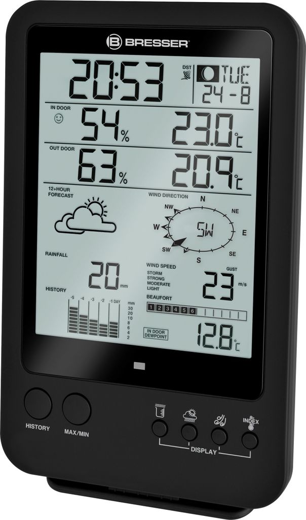 A black digital weather station displaying various weather information.