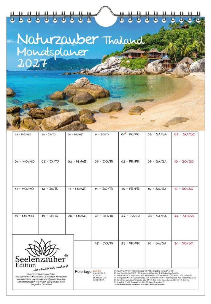 Naturzauber Thailand Planer DIN A4 Kalender für 2027 Landschaft Reise Meer Natur Land Uraub Strand - Seelenzauber