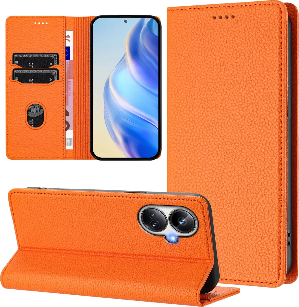 Cover Elegante Realme 10 Pro+ in Pelle Arancione con Slot Carte e Stand - 3