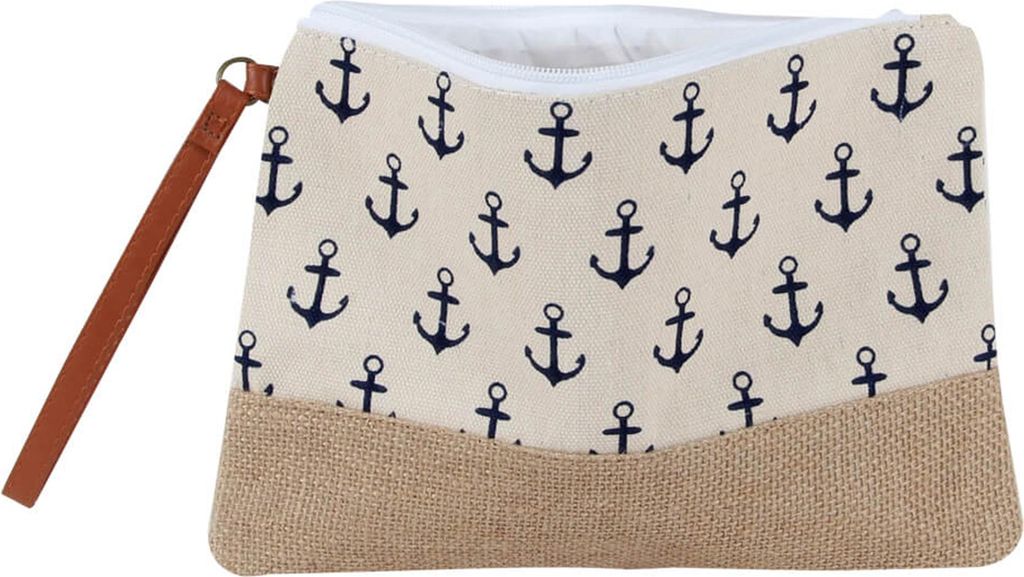 Leichte Kosmetiktasche Schminktasche Maritim mit Anker Muster und Reißverschluss , Farbe:Beige