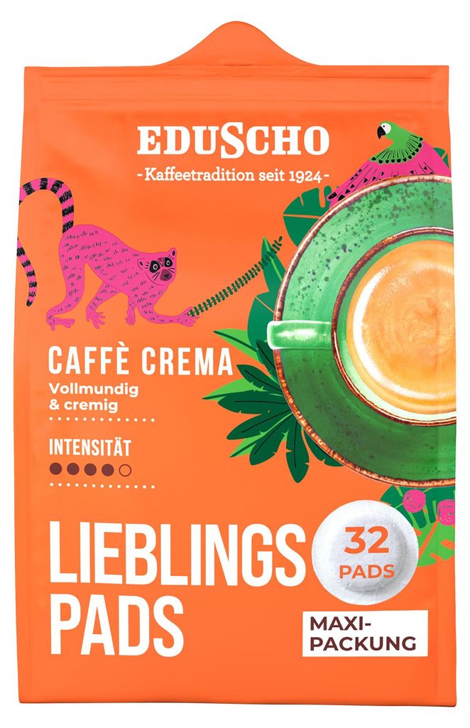Eduscho Lieblingspads, Caffè Crema, 32 Pads Vollmundig und Produktbild 