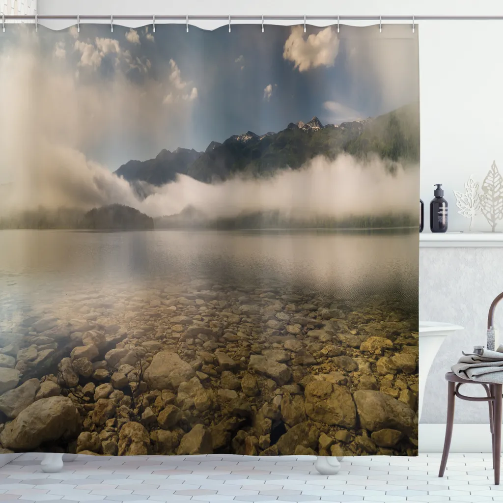 Rideau de douche extra long pour baignoire motif lac gris 175x240 cm