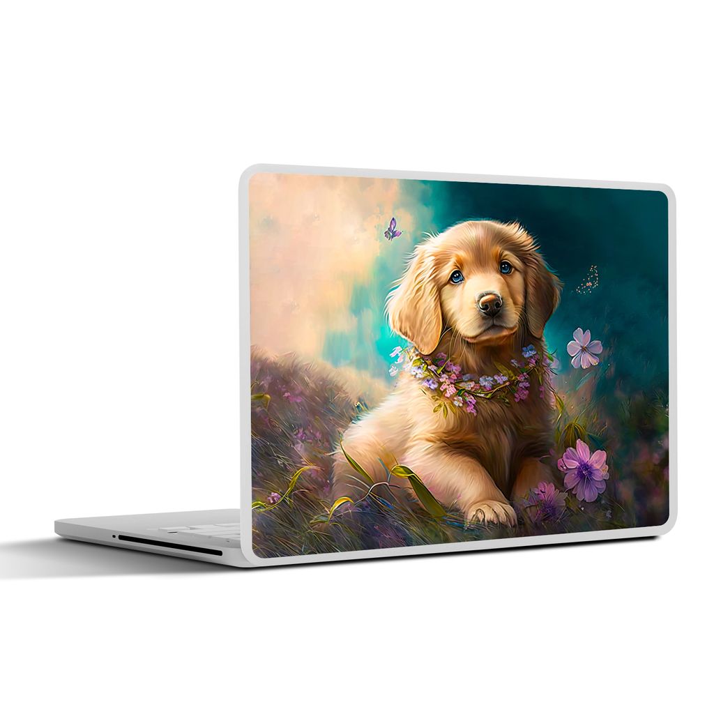 MuchoWow Laptop Aufkleber Sticker Cover Welpe - Blumenkranz - Schmetterling - Hund - Golden Retriever 36.5x27.5 cm - Laptop-Sticker