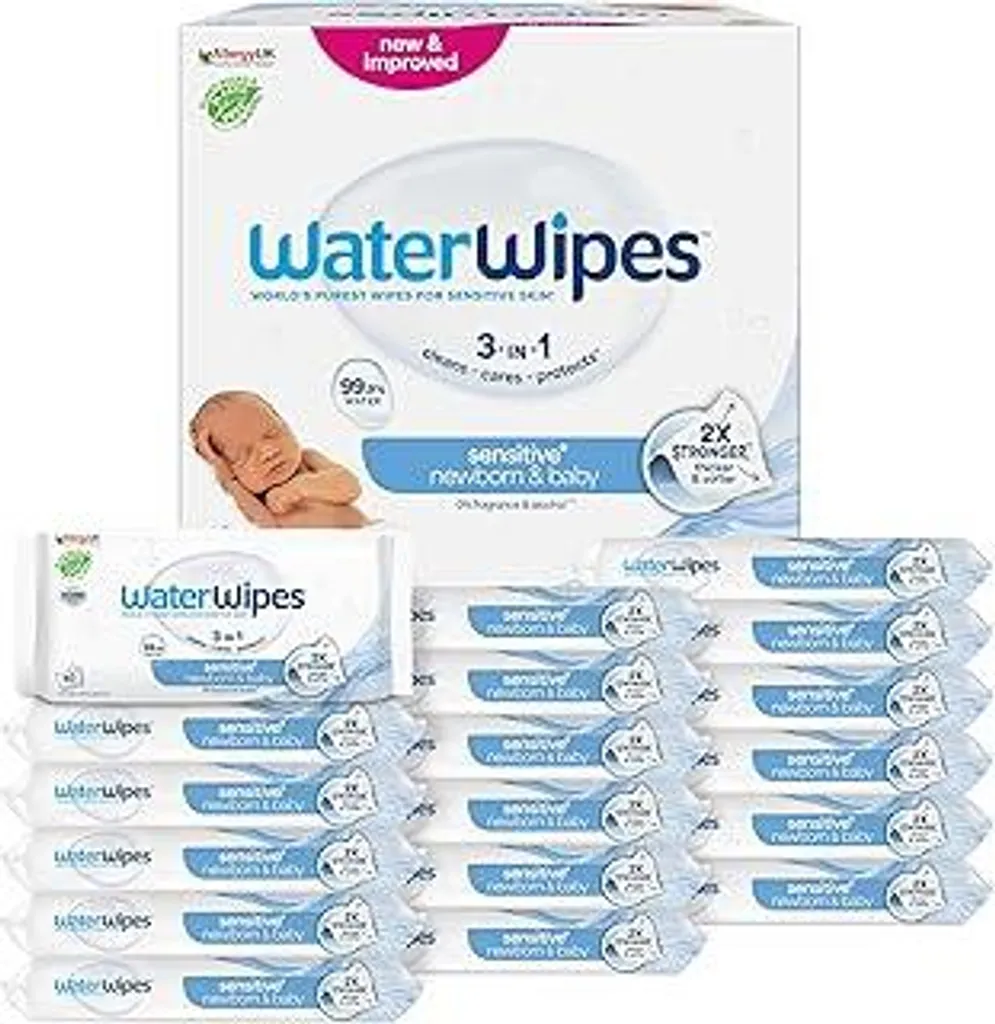 WaterWipes Sensitive+ Newborn & Baby Wipes, salviettine umidificate per neonati e bambini, 1080 pezzi (18 confezioni), pulizia 3 in 1, cura, protezione, 99,9% acqua, senza profumo