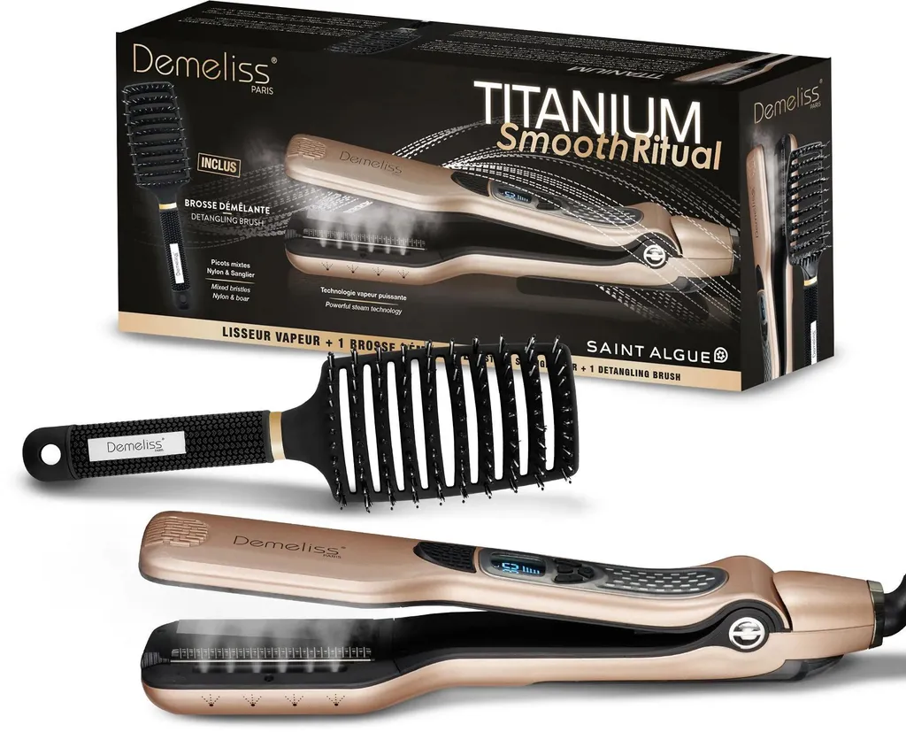 Fer à lisser vapeur Saint Algue Titanium avec sa brosse démêlante Or