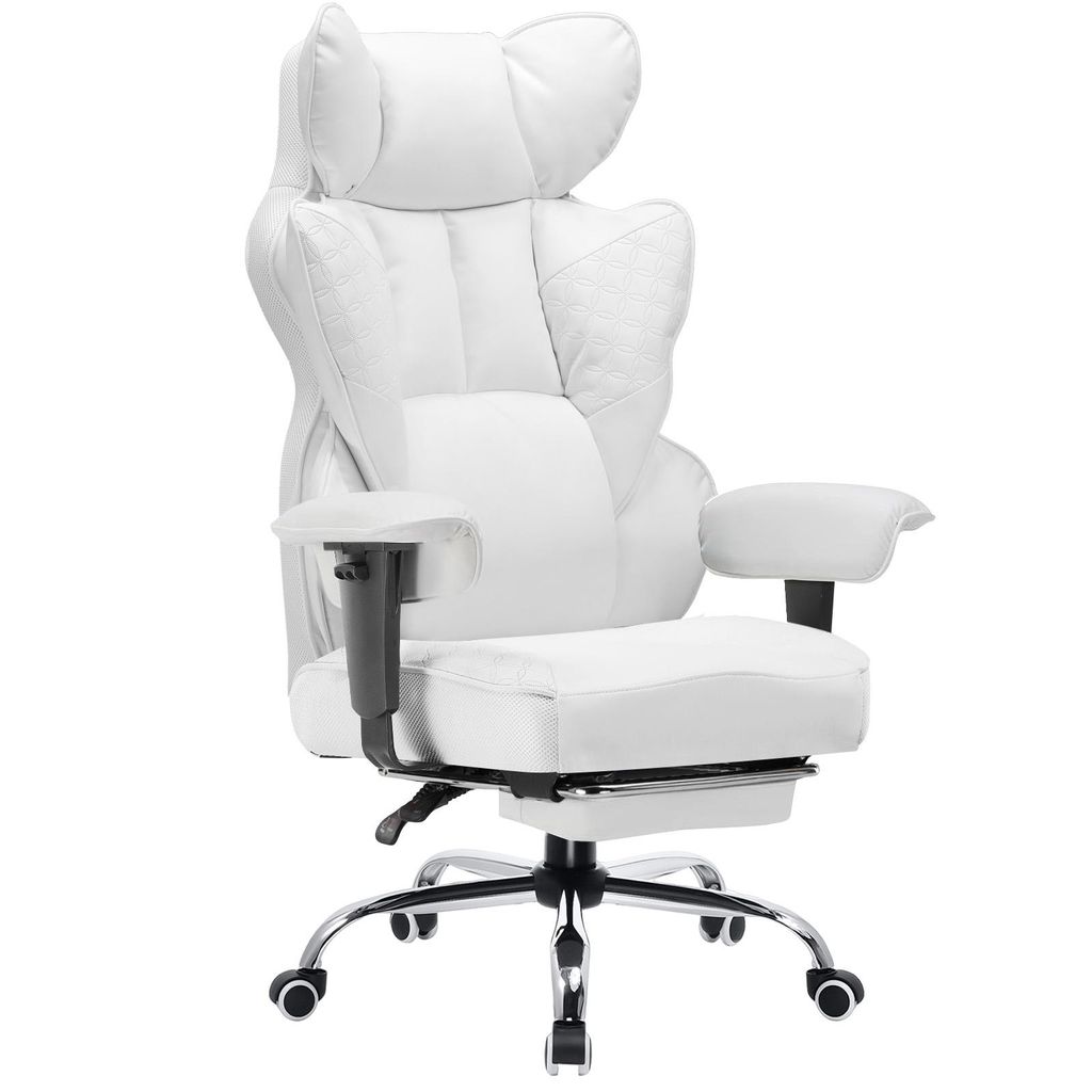 A white ergonomic office chair with a footrest.