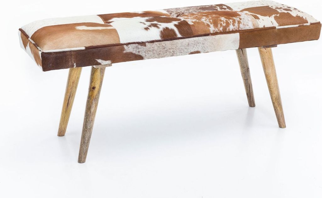 Sitzbank Ziegenfell / Massivholz Bank 120 x 40 x 52 cm, Polsterbank Flur Esszimmer Braun, Kleine Bettbank Fell, Dielenmöbel Flurbank