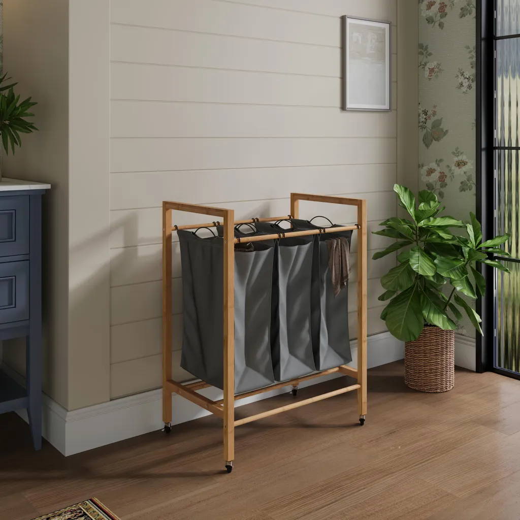 Panier à linge triple sur roulettes en bambou et textile gris anthracite