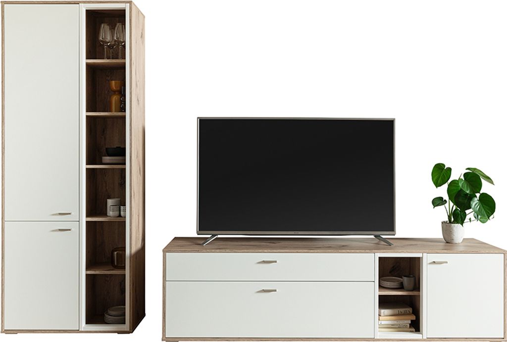 Wohnwand in Eiche und weiß modern mit LED-Beleuchtung, 2-teilig - SAGUNTO-05