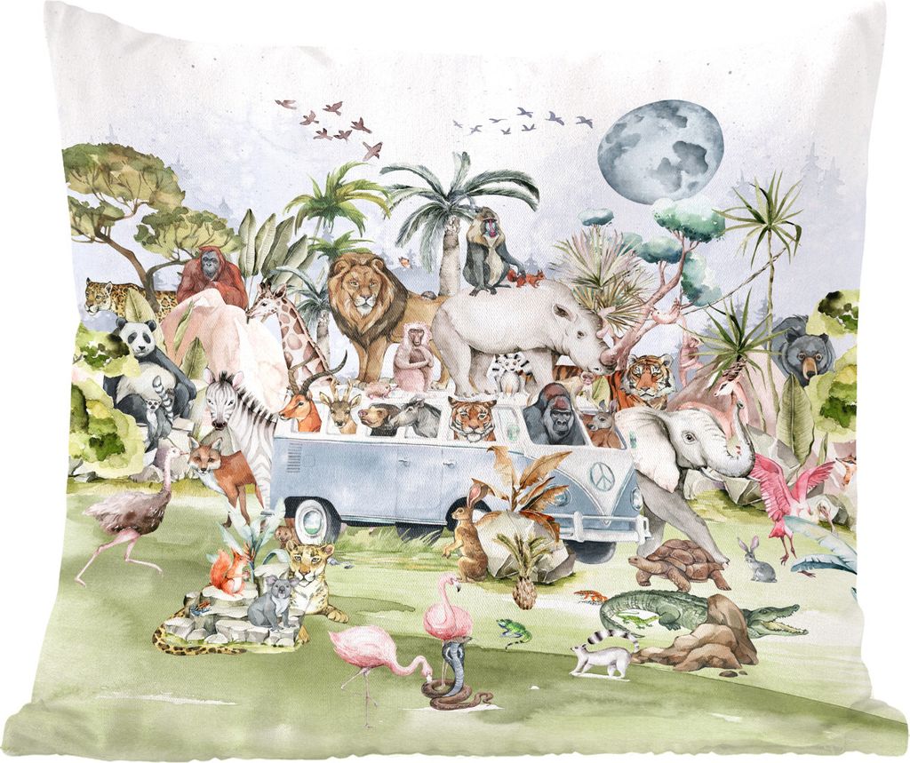 MuchoWow Zierkissen Sofakissen Wohnzimmer Dekokissen 45x45 cm Dschungel - Bus - Tiere - Kinder - Pflanzen - Schlafpolster - Polster für das Sofa
