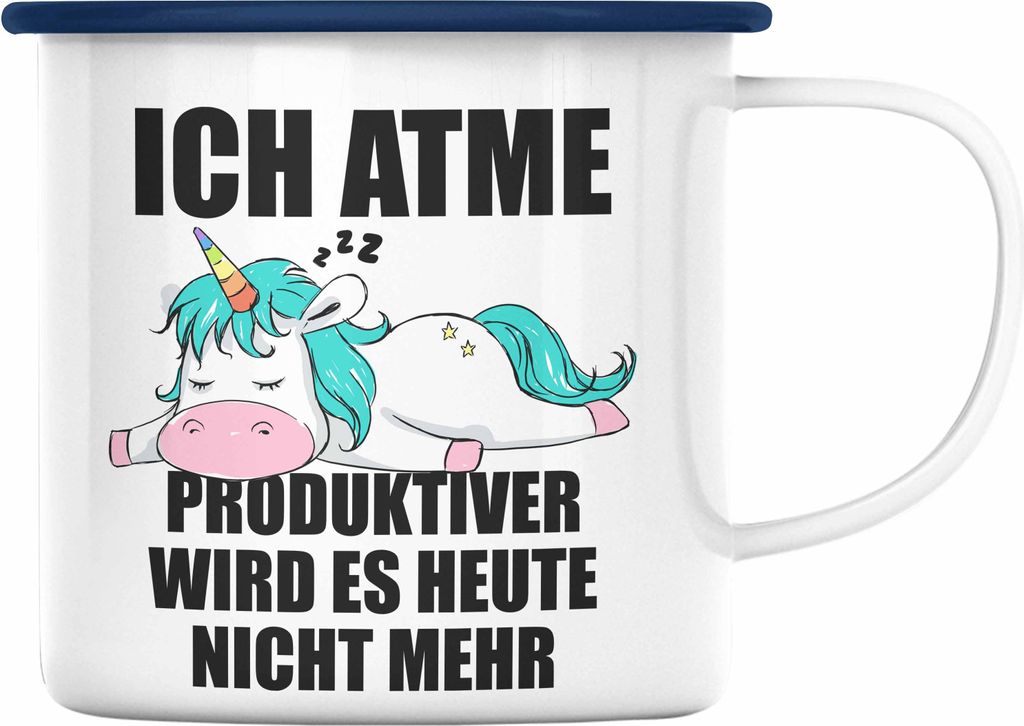 Trendation - Lustige Emaille Tasse mit Spruch Mitarbeiterin Einhorn Geschenk Arbeitskollege Frauen (Blau)
