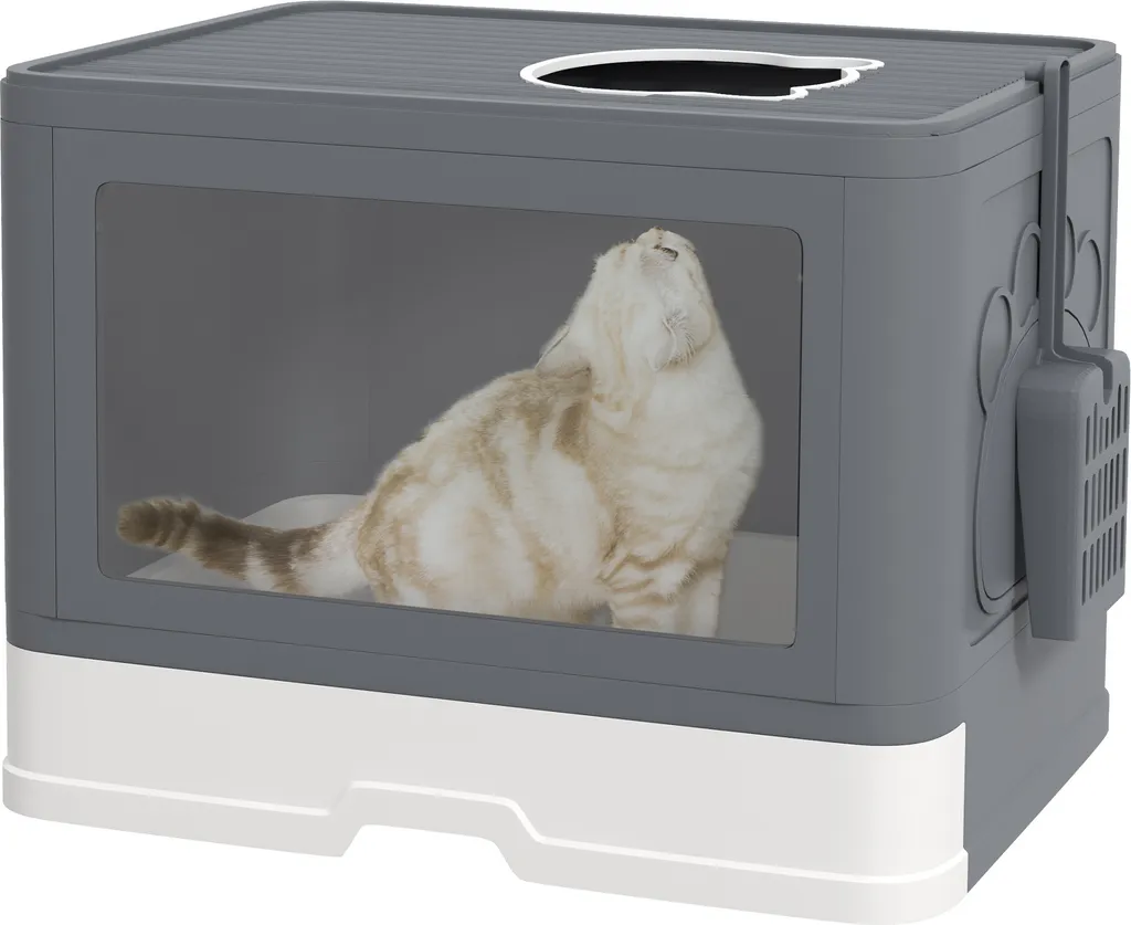 Maison de toilette pour chat PawHut grise avec toit et pelle incluse