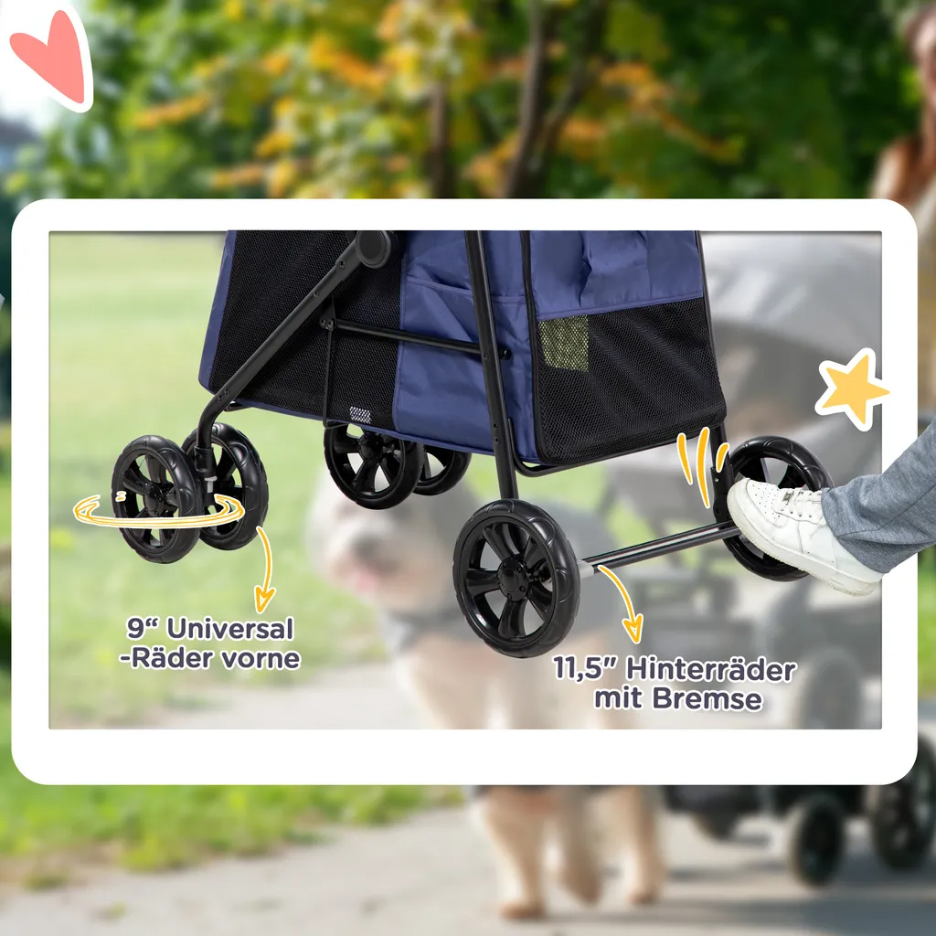 PawHut passeggino per cani, passeggino pieghevole per cani, carrello per cani con cuscino, passeggino per gatti fino a 20 kg, passeggino per cani di piccola e media taglia con tasche laterali, finestra a rete, tessuto Oxford, blu - 6