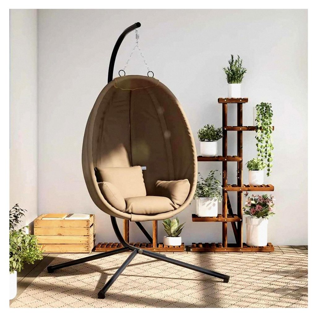 Hängesessel im Ei-Design mit Ständer in Taupe aus Stoff und Stahl, Hängeschaukel für Innen- und Außenbereich