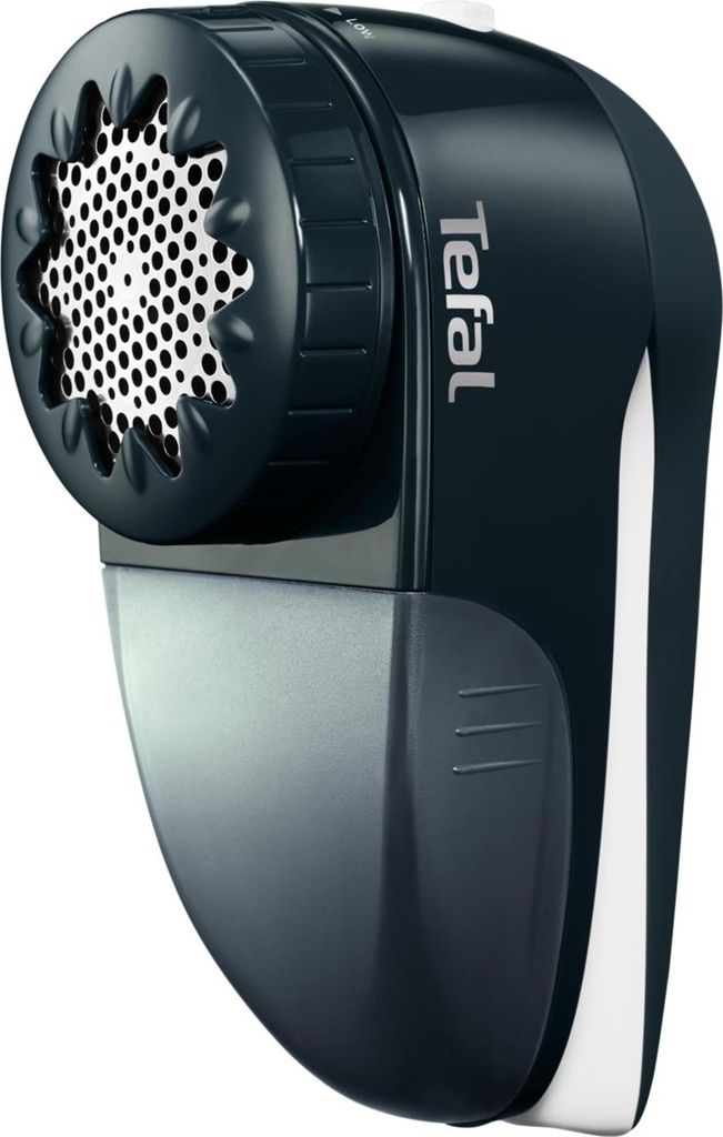 A close-up studio shot of a dark gray and white TEFAL lint remover.