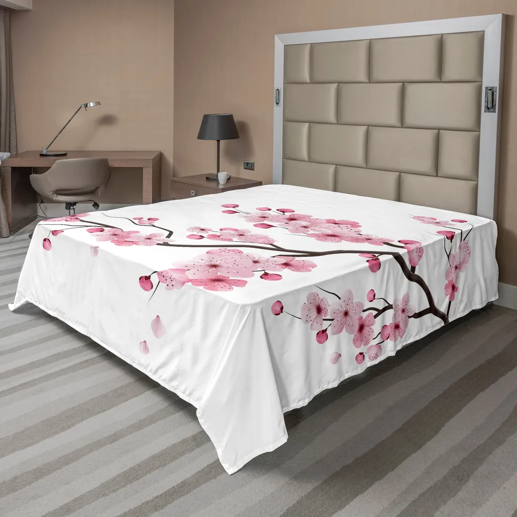 Drap de lit plat japonais Sakura blanc et rose 266 x 260 cm ABAKUHAUS