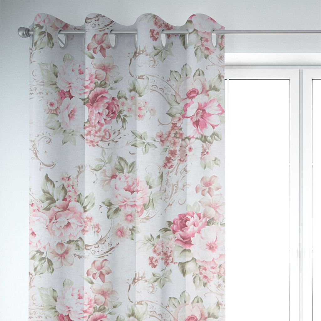 SCHÖNER LEBEN. Vorhang Pfingstrosen Blüten Ornamente creme rosa pink Aufhängung Ösen