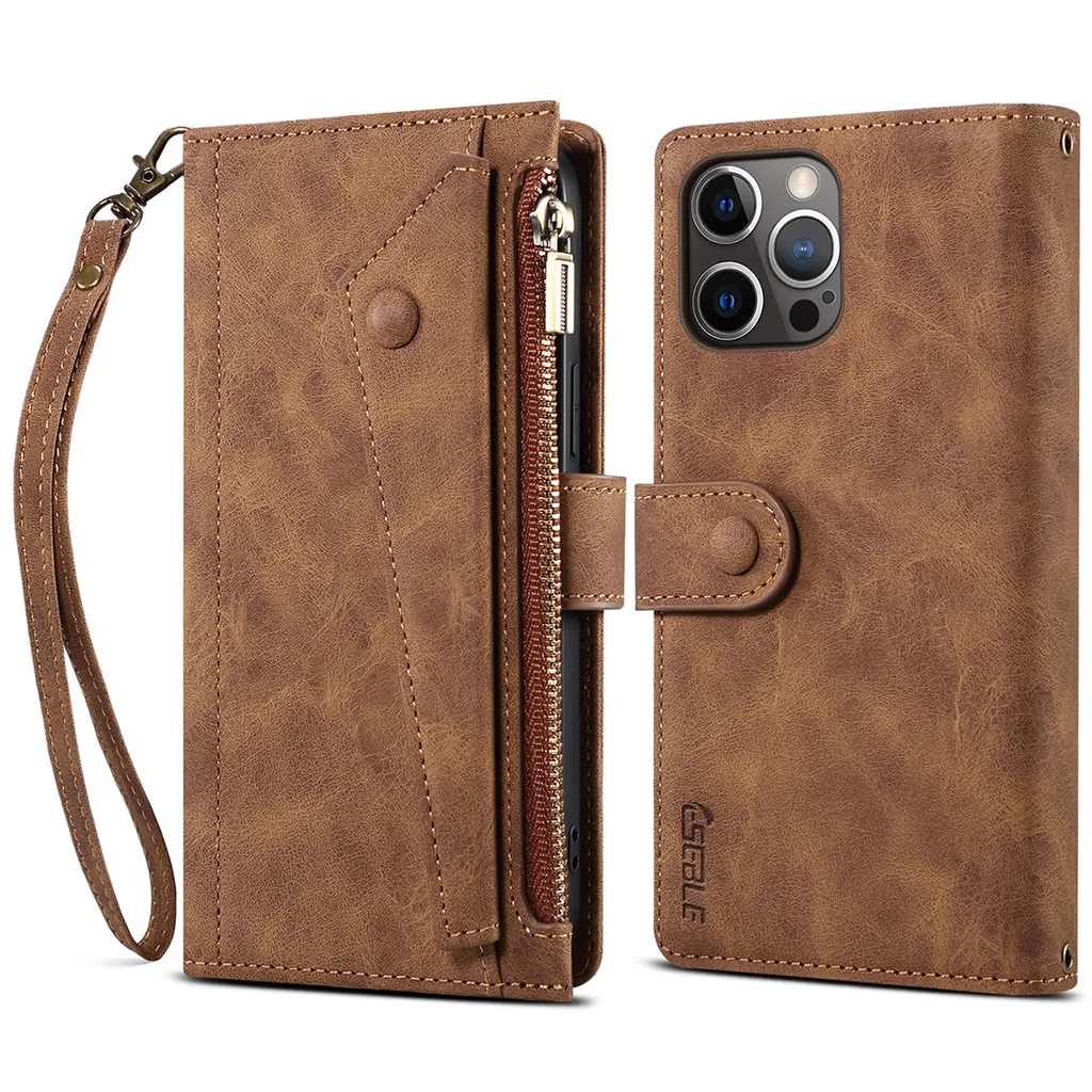 Cover Robusta iPhone 14 Pro Max Pelle Marrone: Cerniera e Anti-Urti