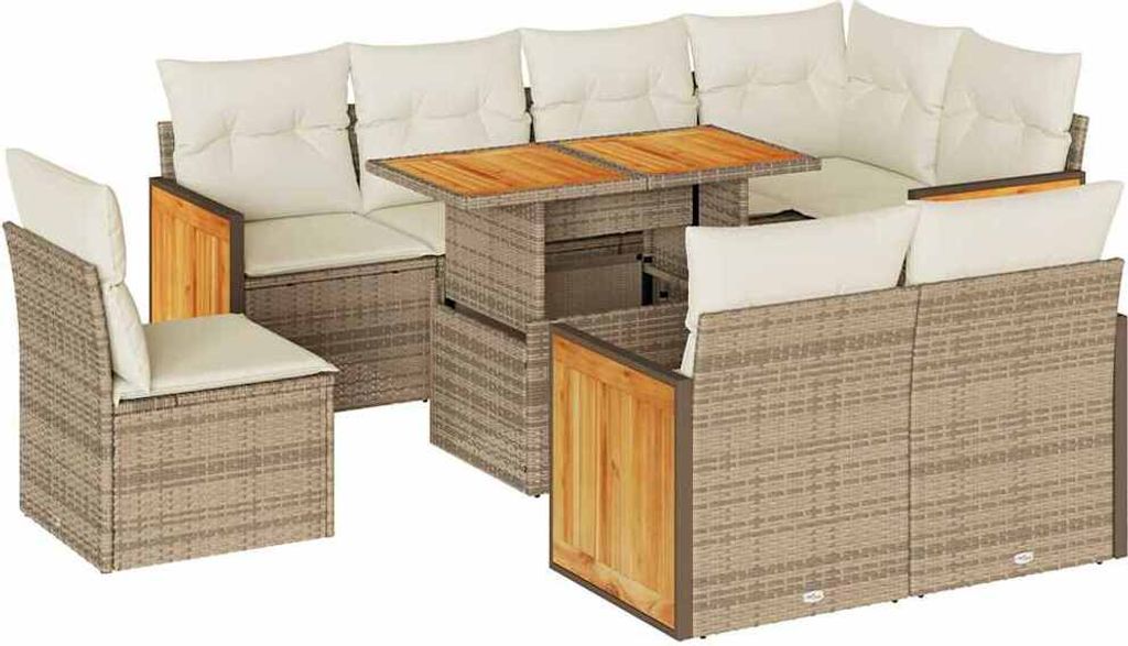 Möbel 9-tlg. Garten-Sofagarnitur/Garten-Essgruppe - Lounge-Set - Balkonmöbel Set - mit Kissen Beige Poly Rattan Akazie - Gartenmöbelset CLORIS99...