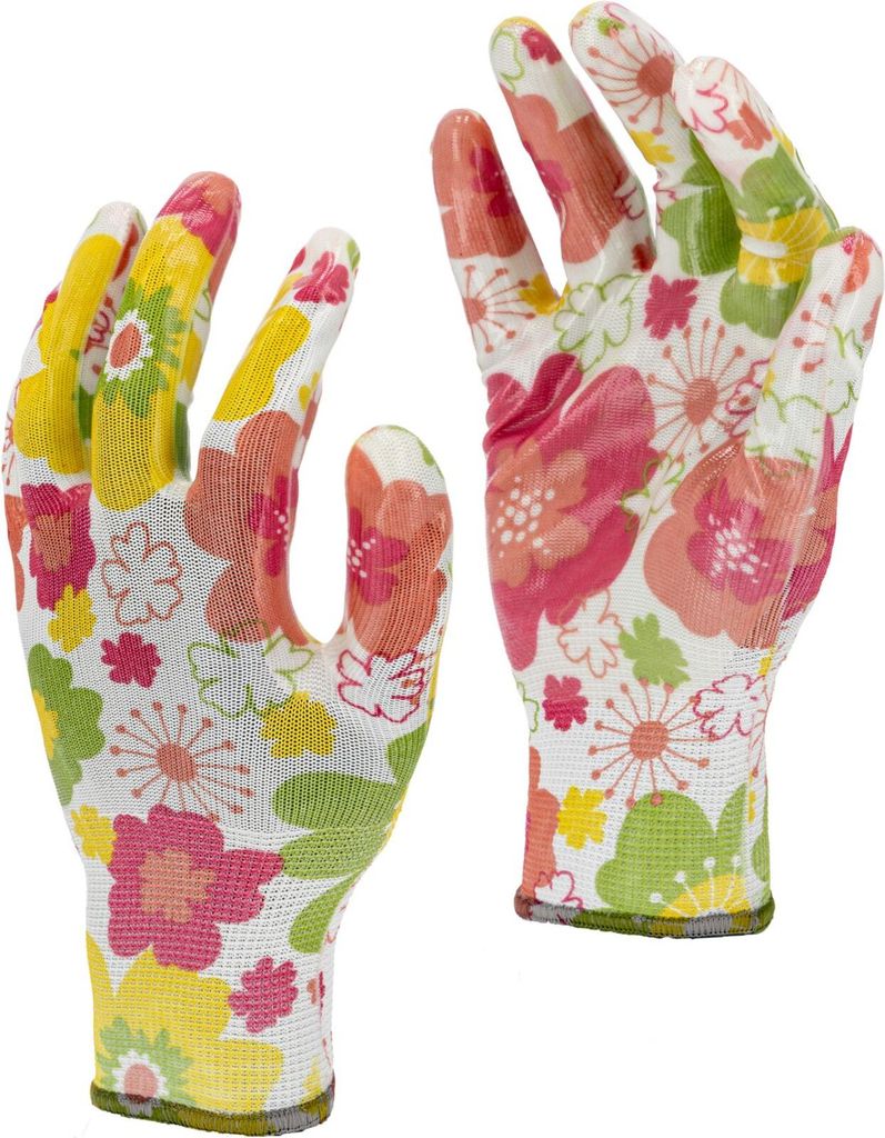 Salpetersäurehandschuhe, rosa Blumen, L221709P, Karte, "9", CE, Lahti
