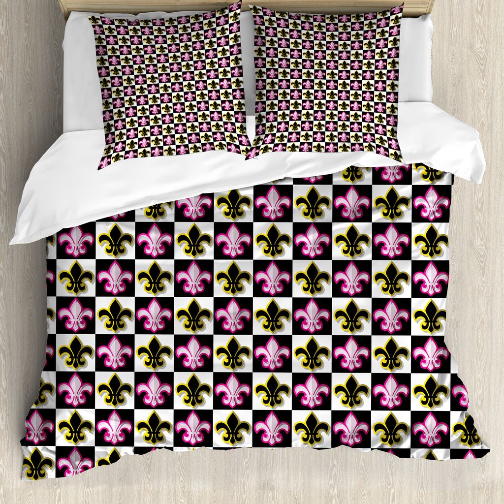 ABAKUHAUS Fleur De Lis Bettbezug, Checkered Pop-Art, Milbensicher Allergiker geeignet mit Kissenbezügen, 155 cm x 220 cm - 80 x 80 cm, Mehrfarbig