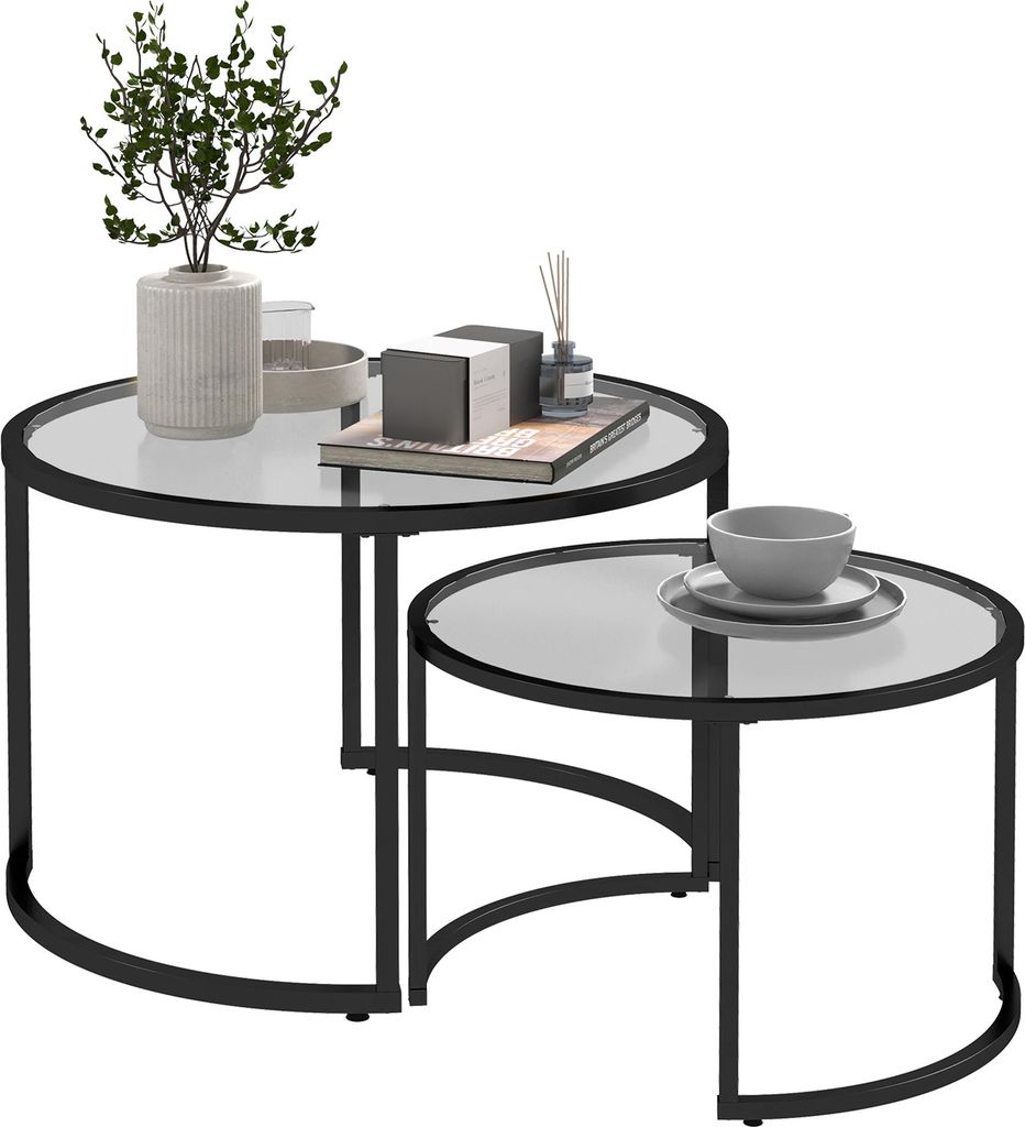 2er-Set Beistelltische Couchtische Industrie-Design, Glastische, stapelbar, Schwarz + Transparent