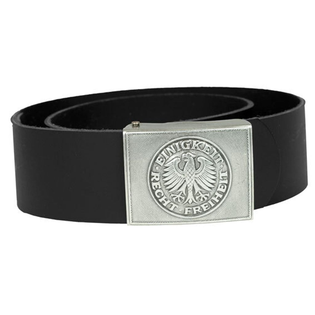 A black leather belt with a silver buckle featuring an eagle emblem and German text.