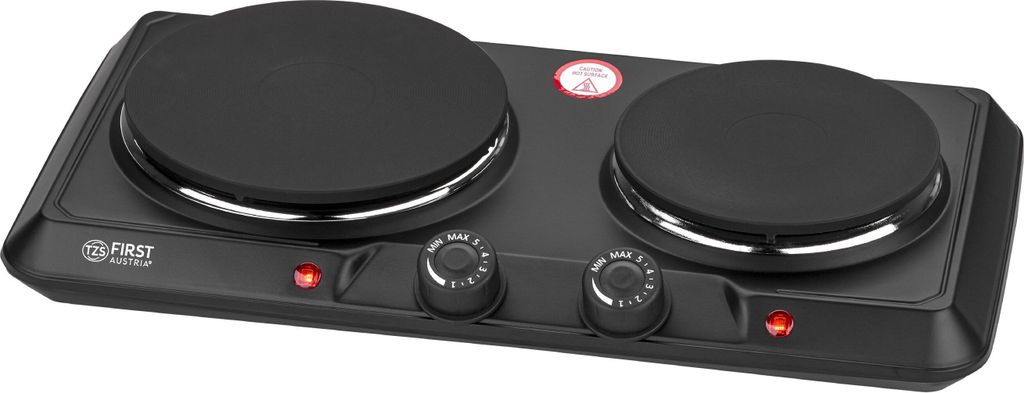 A black dual electric stovetop with silver trim.